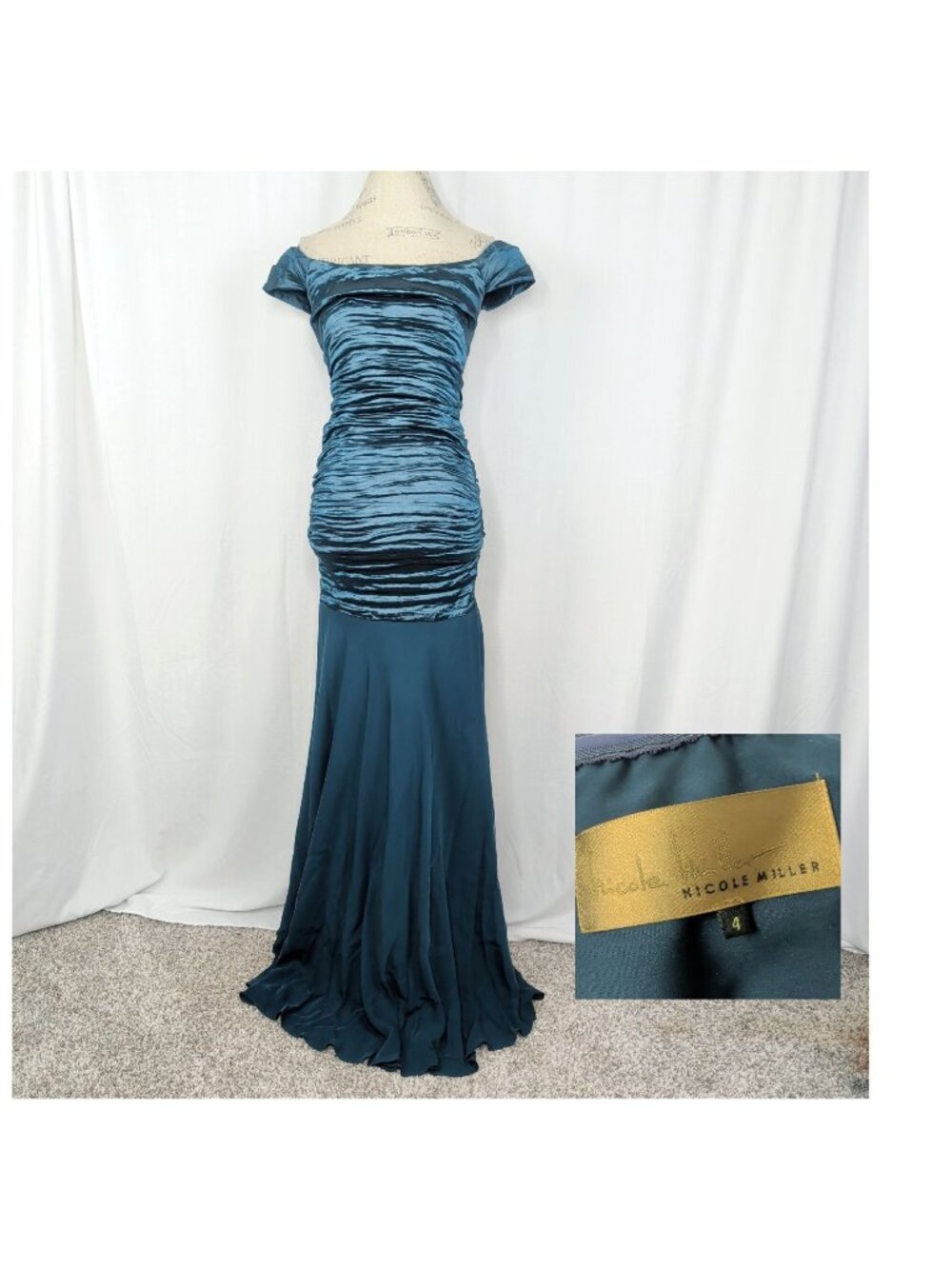 Nicole Miller Blue Dress 4 Small Gown Taffeta Metallic Formal